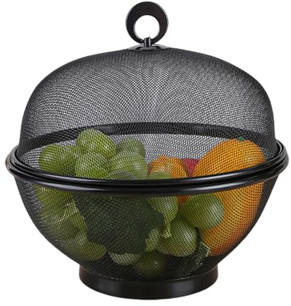 Bodhi2000 Soporte de frutas transpirable de malla de acero inoxidable con tapa, gran capacidad, a prueba de moscas, fácil de limpiar, soporte de frutas ventilado, color negro