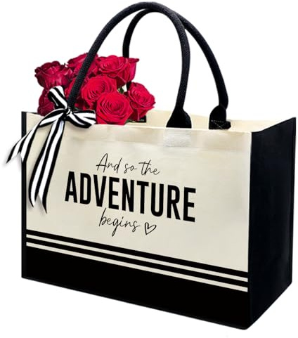 MQPPKJ Engagement Gift, Canvas Tote Bag, Bridal Shower Gifts for Bride Tote Bags, Wedding Bride Gifts Shoulder Bags (Adventure Begins, Black&White)