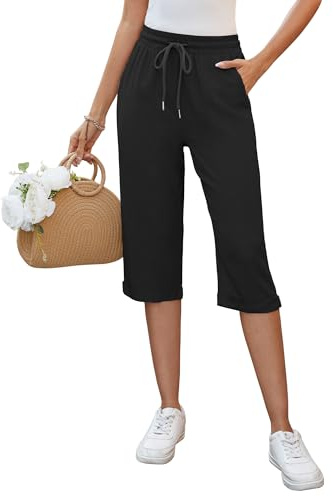 Auffortria Damen Leinen Sommerhose 3/4 Casual Leichte Baumwolle Leinenhose Bequeme Luftige Locker Freizeithose Strandhose Mit Taschen (Schwarz, Small)