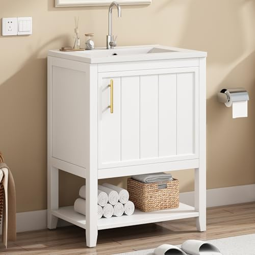Merax Waschbecken mit Unterschrank, Badezimmer Set Möbel, Badmöbel Einzelwaschtisch,Waschtischunterschrank 60 cm mit Keramikwaschbecken,mit Ablage, Weiß