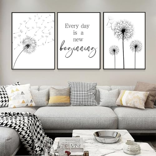 UGZDEA Pflanzen 3er Poster Set, Modern Schwarz Weiß Pusteblume Leinwand Malerei, Wohnzimmer Schlafzimmer Deko Bild-Ohne Rahmen (C, 3x40x60cm)