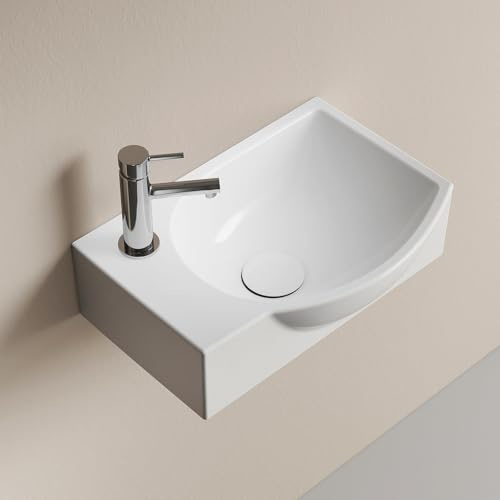 EMKE Lavabo Suspendido 405 x 280 x 140 mm – Lavabo Compacto y Elegante para Pequeños Baños y WC de Invitados – Grifo a la Izquierda, Instalación en la Pared, Blanco Brillante