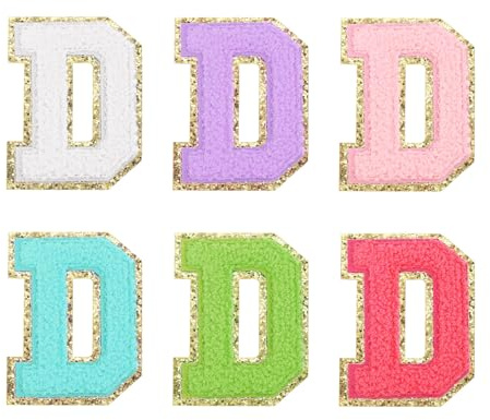 QUARKZMAN 6 Stück Buchstaben zum Aufbügeln,Selbstklebende Chenille-Buchstaben D mit Glitzer-Goldrand,gestickter Patch zum Aufbügeln für Kleidung, Tasche, Laptop, Handyhülle
