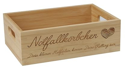 SNEG Notfallkörbchen aus Bambus – gravierte Notfallbox Holz – Motiv #2 – 24 × 16,5 × 8 cm – Aufbewahrungskiste für Bad, Gäste-WC, Hochzeit, Event, Ferienwohnung