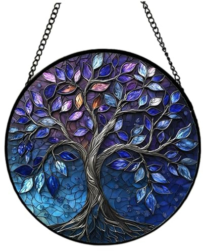 Buntglasfenster hängend, dunkelblaue Bäume des Lebens befleckte Glas, 6,3 runder Sonnenfänger mit Kette, hängende Buntglas für Balkon Fenster Wandgartendekor, Geschenk