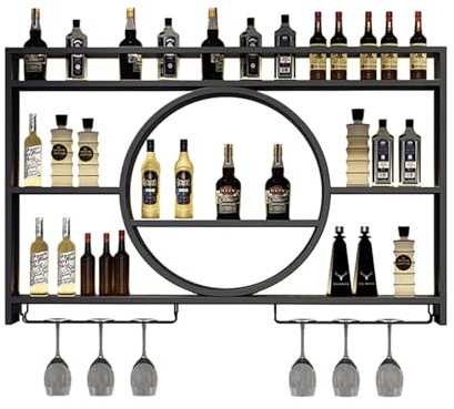 Modern Wall Mounted Metal Wine Rack with Floating Shelves for Home Restaurant and Bars Stylish Cocktail Cabinet and Display Stand for Glassware Black Iron Bar Unit Holder