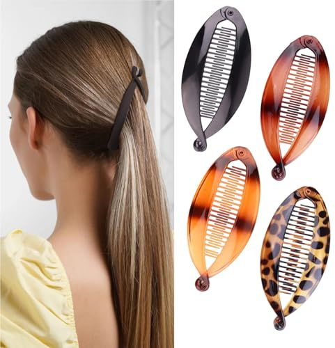 ZUWIJEQ Banana Clip,4 pinzas para el cabello de plátano,peines grandes vintage de plátano,Clip de cola de caballo,peine de cola de pez,Para mujeres y niñas
