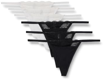 Amazon Essentials Women's Peached Microfiber with Lace Trim G-String Thong, Pack of 6, Black / White, X-Large