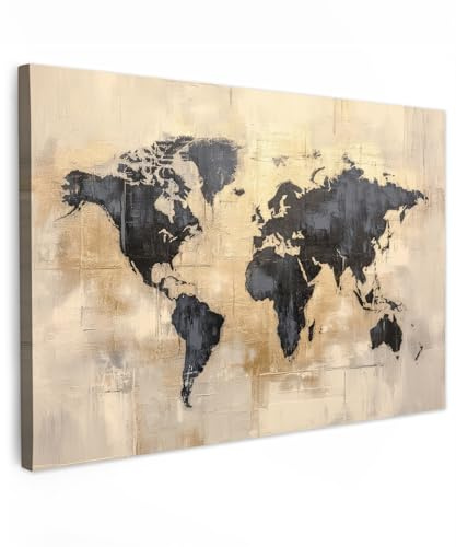 MuchoWow© Bild auf Leinwand Groß XXL Schlafzimmer Bilder Badezimmer Wand | 120x80 cm - Deko Wohnzimmer Modern Wanddeko Bilderwand Geschenk Weltkarte - Gold - Schwarz - Abstrakt