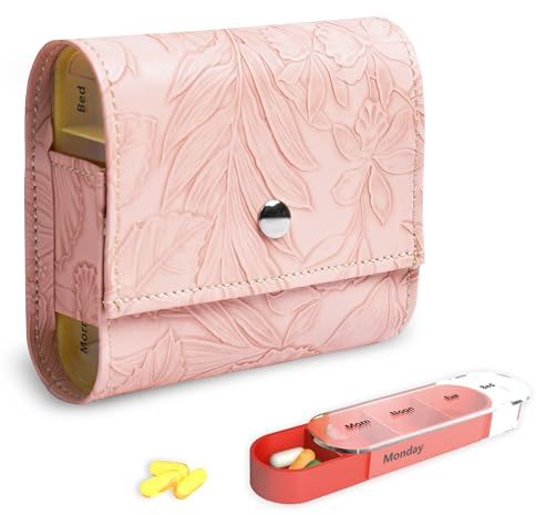 Czzmy Tablettenbox 7 Tage 4 Fächer - Pillendose 4 mal am Tag mit Kunstleder Tasche und Namenskarte Medikamentenbox für Pillen Vitamin Fischöl für Morgens Mittags Abends Nachts(1-Schnitzt Rosa)