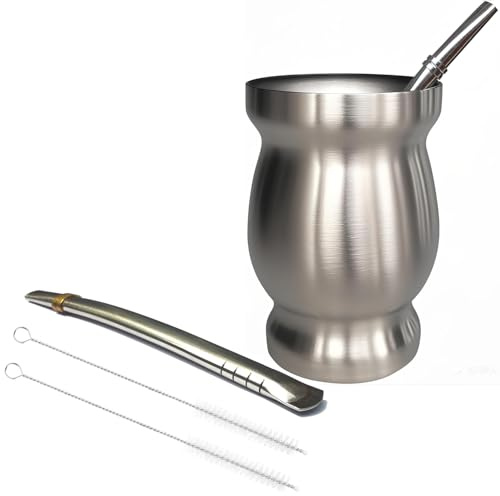 Beruth Tasse Yerba Mate de 237 ml, gourde à double paroi en acier inoxydable 304, tasse isotherme et design anti-brûlure, comprend 2 pailles et une brosse de nettoyage (argenté)