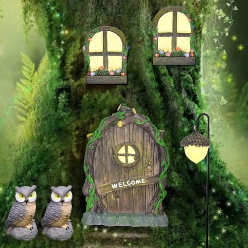 Angelkiss Fairy Door with 2 Owls - Resin Glow in The Dark GNOME Door for Garden Trees, Retro Elf Window Lamp Indoor Outdoor Decoration (Owl Version)