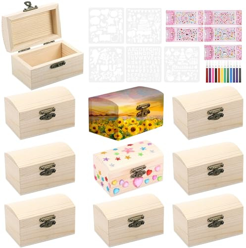 10 Stück Schatztruhe Kindergeburtstag, Schatzkiste Holz Bastelset, Kleine Schatztruhe Kinder, Holzkästchen mit Deckel, Holzkiste mit Deckel Klein für Basteln Geburtstags Ocean Piratenparty DIY