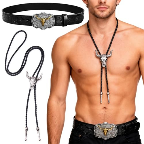 JhavexToy Cinturón Negro De Cabeza De Toro Retro Vaquero Occidental，Collar De Cadena De Cuero Tejido Con Hebilla De Cabeza De Toro, Accesorios Para Vaqueros, Cumpleaños, Regalos Aniversario
