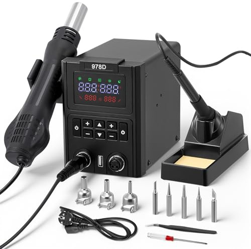Stazione Saldante, 2 in1 Stazione Saldatura e ad Aria Calda 600W Saldatore Stagno con Controllo della Temperatura Accurato, Display a LED per Elettronica, Progetti fai-da-te, Riparazione