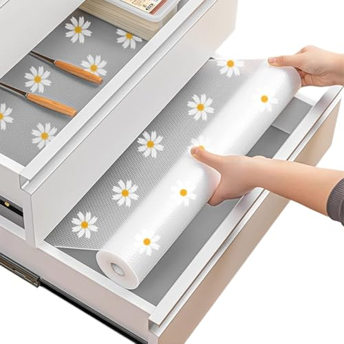 Drawer Liners, 30x300CM EVA Waterproof & Non-Slip Kitchen Drawer Liner, Chrysanthemum Shelf Liner, Kitchen Cupboard Liner, Cabinet Mat, Cupboard Mat, Fridge Shelf Pad for Shelves, Shoe Racks