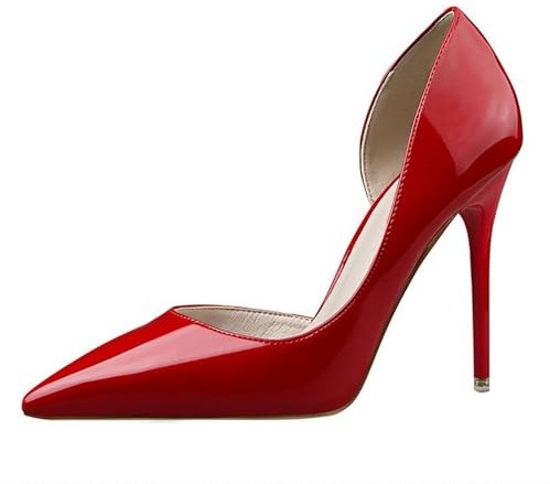 Scarpe Donna con Tacco Alto con Tacco a Spillo 10.5 cm Rosso Pelle Lucida per Matrimoni, Galà, Appuntamenti e Feste