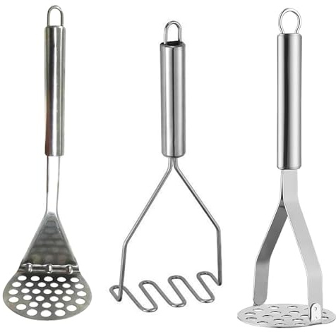 Kartoffelstampfer Edelstahl, 5-teiliges Set in Silber und Weiß, Ideal für die Küche, 24 x 9,3 cm