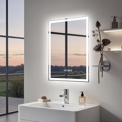 Olyvren Beleuchteter Spiegel 45 x 60 cm, beleuchteter Badspiegel | LED-Spiegel mit Uhr, 3 einstellbare Lichtfarben, Anti-Beschlag-Funktion, dimmbare Helligkeit, Speicherfunktion, Wandmontage