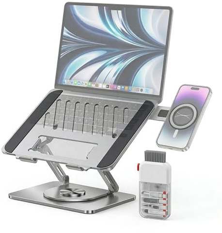 MARRGOS Laptop Stand with Phone Holder – 360° Rotating, Foldable Desk Stand, Carbon Steel, Adjustable Height, Compatible with All Laptops & Smartphones, Includes 14-in-1 Cleaning Kit