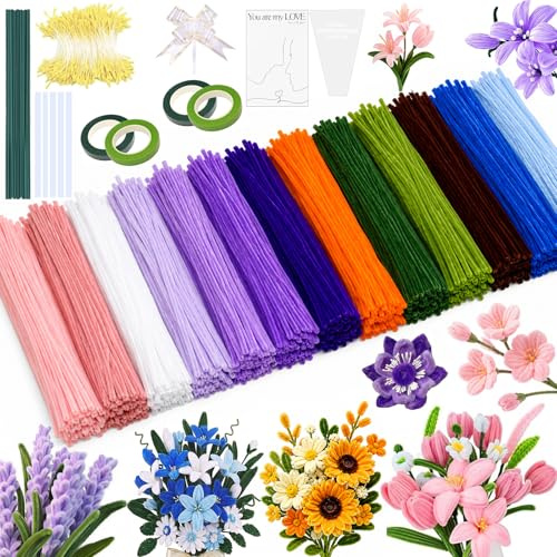 800 Stück Pfeifenreiniger Blumen Set,13 Farben Pipe Cleaners mit 50 Stück grünem Blumendraht, Geschenkband & Klebeband, DIY Bastelprojekte und Dekorationen, Ideal zu Weihnachten & Geburtstagen
