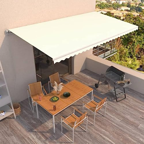 Manuelle Einziehbare Markise 600x350 cm Creme mit rostfreiem Aluminiumrahmen, hochverdichtetem Polyester und PU-Beschichtung, UV- und wasserbeständig, Winkel und Höhe anpassbar,