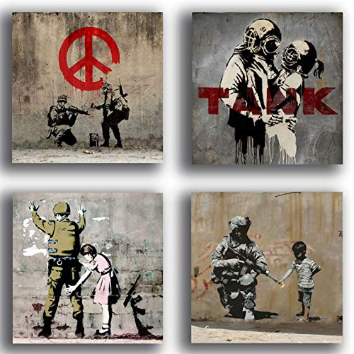 Quadri Moderni BANKSY murales street art pace guerra soldato 4 pezzi Stampa su Tela Canvas Arredamento Arte Astratto XXL Arredo soggiorno salotto camera da letto cucina ufficio bar ristorante