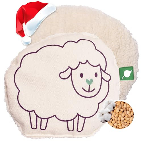 Herbalind Waschbares Kirschkernkissen für Kinder und Babys SCHAF - 100% Baumwolle Plüsch Wärmekissen, Wärmekuscheltier Flauschiges wärmendes Stofftier 19x19 cm als Wärmflasche mit Kirschkernen
