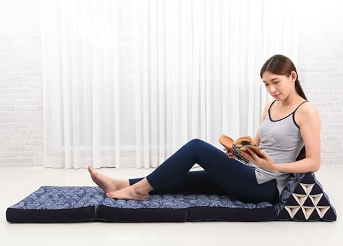 Leewadee - Bequeme Japanische Bodenmatratze - Thai Bodenliege mit Dreieckskissen - Futon Klappmatte - Thai Massagematte, 170 x 53 cm, Blau Weiß