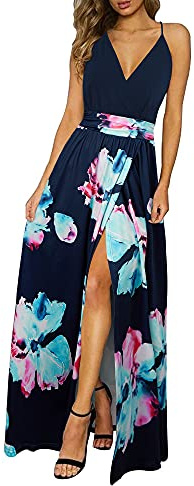 Newshows Women's Summer V Neck Spaghetti Strap Sleeveless Casual Split Long Maxi Wedding Guest Dress Floral 07,XL