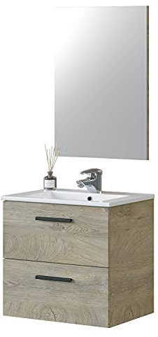 Habitdesign ARKITMOBEL Mueble de Baño Suspendido 2 Cajones y Espejo, 60x57x45 (AnchoxAltoxFondo-en cm), Modulo Lavabo Color Roble Alaska, Modelo Aruba (Sin Lavamanos)