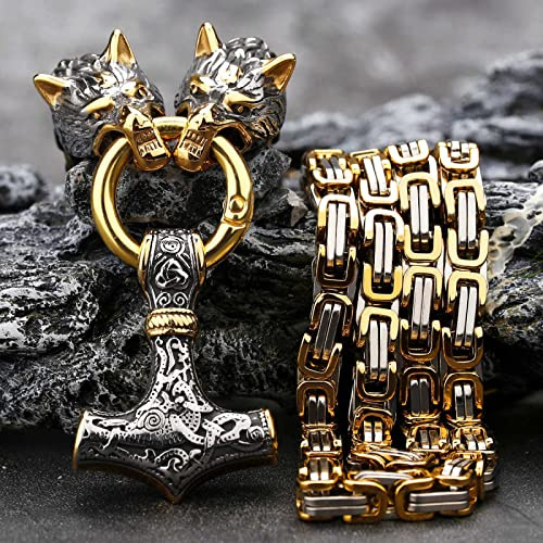 QQTQQ Viking Thors Hammer Wolf Kopf Amulett Anhänger, Fenrir Halskette, schwere byzantinische Kette Mythologie Rune Mode Unisex Schmuck,WolfheadA-70CM