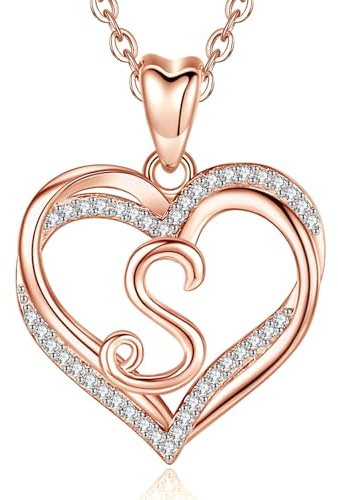 INFUSEU Mujeres Corazón Collar Inicial, Oro Rosa S Letra Colgante Zirconia Cúbico CZ Joyería Para Señora Esposa Mamá Novia Regalos, 20 Pulgadas De Cadena