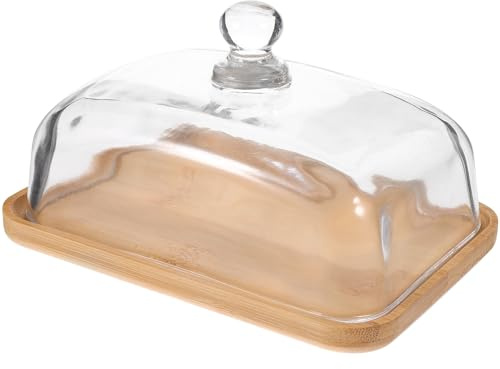 Mantequera con tapa de cristal, bandeja transparente de 18 x 12 x 10 cm para refrigerador y mostrador para mantequilla, bloque de queso crema y plato para servir (bandeja de madera)