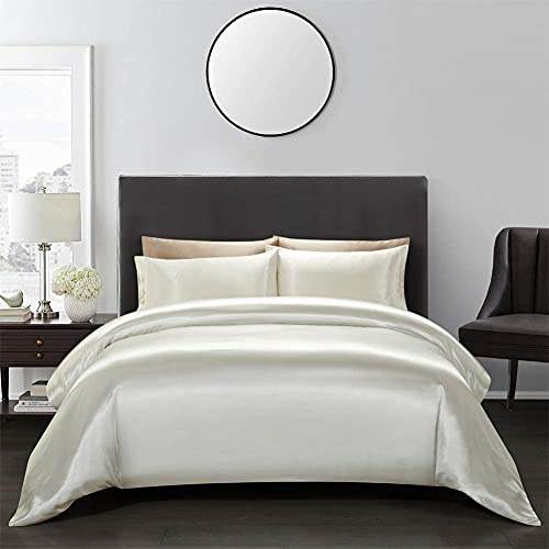 Sedefen Housse de Couette Satin 220 x 240 cm + 2 taie d'oreiller 65x65cm Blanc Parures de lit Ado Adulte 2 Personnes la Soie Lisse Brillante Linge de lit avec Fermeture Éclair