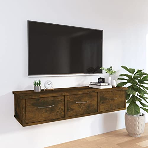 FIRBNUS 88x26x18,5 cm Armario de Cajones para Pared Contrachapada con 3 Cajones Estantes de Wall Estante de Exhibición Suspendidas de Tablero Roble Ahumado Estanterías Flotantes