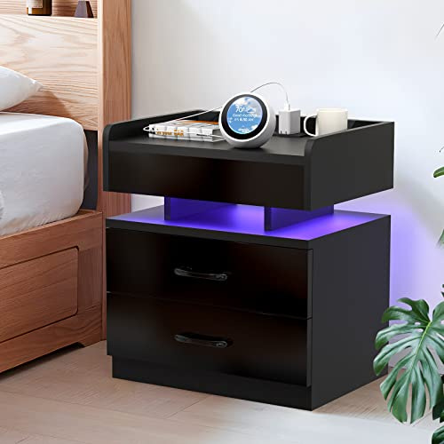 Lvhecforhm Nachttisch mit Ladestation, 16 Farben, LED, verstellbar, Nachttisch, Steckdose und USB-Anschluss, intelligent, 2 Schubladen, Schwarz
