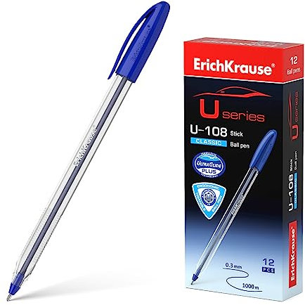 Erich Krause Kugelschreiber 0,3mm 12er Pack Blau - einfaches und weiches Schreiben - schlanke Form & transparent - Kullis & Schreibtischzubehör - U-108 Classic