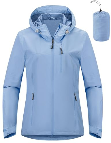 Outdoor Ventures Regnjacka för kvinnor, 10 000 mm, vattentät, lätt fodrad, packbar, sportjacka, funktionell jacka, ventilerande, cykeljacka med huva, Ljusblå, 3XL