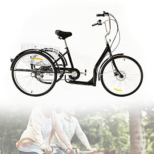 26 In Adult Tricycle 6 Speed Tricycle mit Korb|Glocke Verstellbares 3 Rad Fahrrad City Bikes Senior Tricycle für Outdoor Sports Shopping, 120kg MAX Belastung,für 1.65-1.85m Erwachsene, Schwarz
