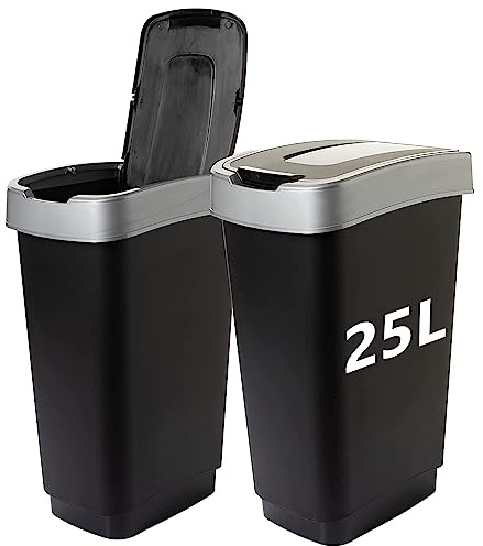 2friends Cubo de basura de cocina con tapa (juego de 2) de 25 l, cubo de basura de cocina con 2 compartimentos y tapa basculante, negro/plata, para reciclaje y separación de residuos, fabricado en la