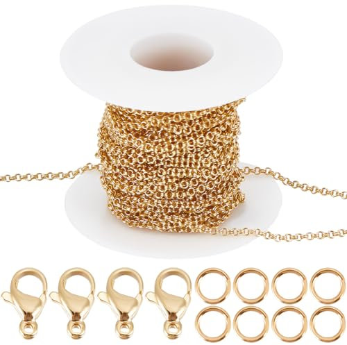 Beebeecraft 1 Box 10M Rolo Ketten Aus Gelötetem Messing 18K Vergoldetes Messing 2mm Ovale Klobige Gliederkette Mit 20Karabinerverschlüssen Und 50 Biegeringen Für Die Schmuckherstellung