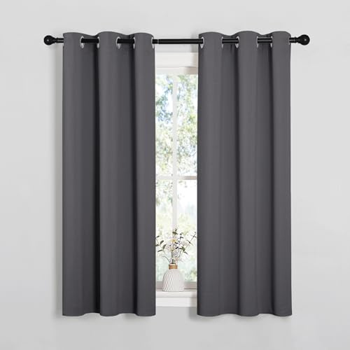 PONY DANCE Short Blackout Eyelet Curtains, Grey, 2 Panels, 37 x 54 Inch | Thermal Insulated 54 Inch Drop Curtains for Bedroom Windows, Energy Saving & Room Darkening Drapes for Living Room or Kitchen