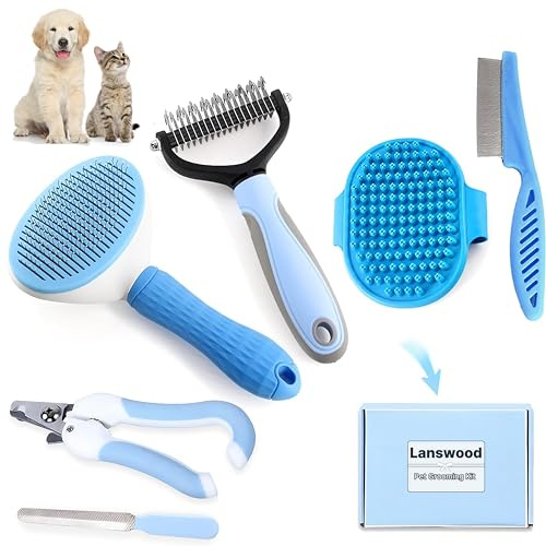 Lanswood Dog Brush Dog Grooming Kit 6PCS Dog Brush for Shedding-Dog Brushes for Grooming, Dematting Comb for Dogs, Cat Nail Clipper with Nail File, Flea Comb, Bath Brush(Blue)