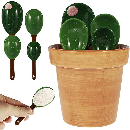 5 Stück Messlöffel Set im Topforganizer,Keramik Cactus Set,Keramik Kaktus Messlöffel mit Messbechern und Löffeln,für Küche Trocken Nass Messung Flüssigkeit Lebensmittel Salz und Zucker (B)