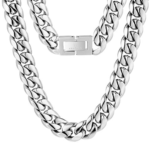 KRKC&CO Herren Panzerkette 14mm, Edelstahl Cuban Link Chain Silberkette, Miami kubanische Gliederkette für Männer, Silber Halskette Hip Hop Halskette für Jungen Größe 50,8cm