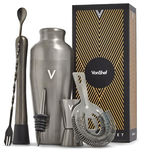 VonShef Cocktail Shaker Set, Graphite 6pc Set with 550ml Parisian Cocktail Shaker, Professional Bartender Set for Home Bar, Including Strainer, Muddler, Jigger & Other Bar Accessories Inside Gift Box