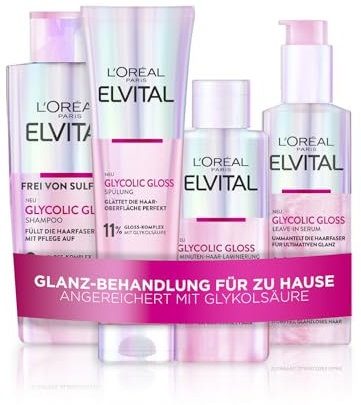 L'Oréal Paris Elvital Glycolic Gloss Bundle mit Shampoo, Spülung, 5 Minuten Haar-Laminierung und Serum für Glanzloses Haar, Pflegeroutine für Gesunde Haare und Starken Glanz, mit Glykolsäure, 4-teilig