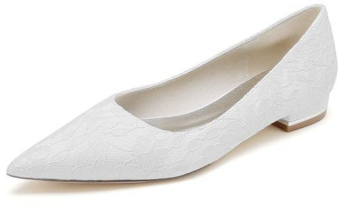 FGRID Bailarinas con Punta Cerrada para Mujer, Zapatos de Boda de Novia con tacón bajo Floral y Encaje Satinado Sexy, Zapatos de Bailarina sin Cordones con Punta Redonda,Blanco,39