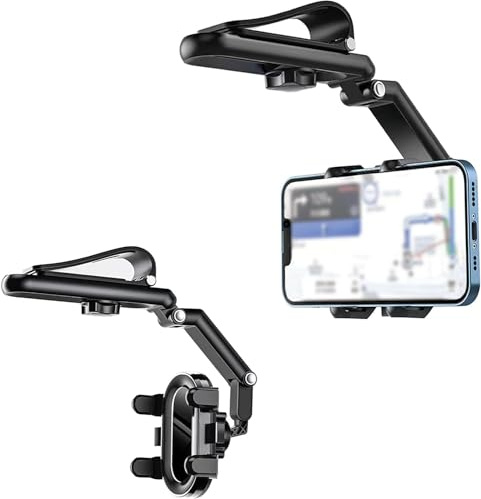 Xihemyfa porta cellulare per aletta parasole per auto, supporto telefono specchietto retrovisore auto universale multifunzione telescopico girevole a 360°, compatibile con smartphone da 4-7 pollici